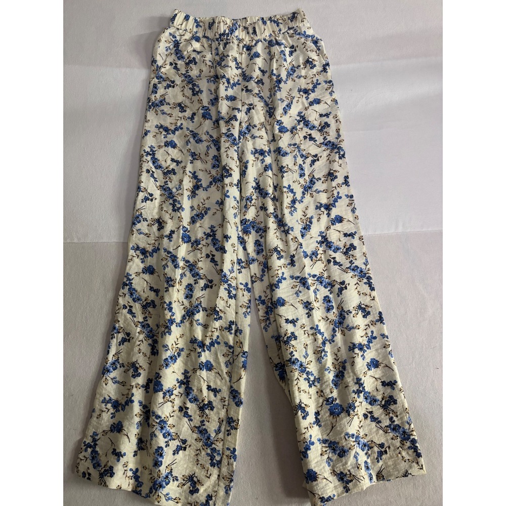 A New Day Women Blue Floral Wide Leg Pants Cream Elastic Waist Size S